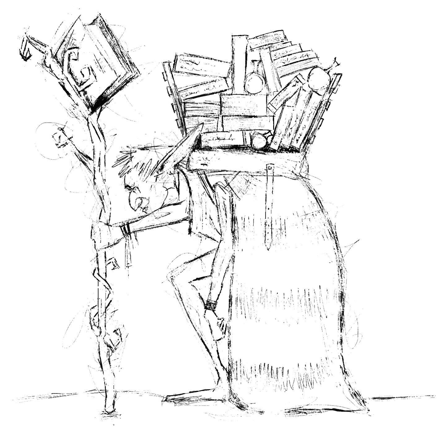 Concept art of elderly person, bent over with books on their back and a staff
in their hand.