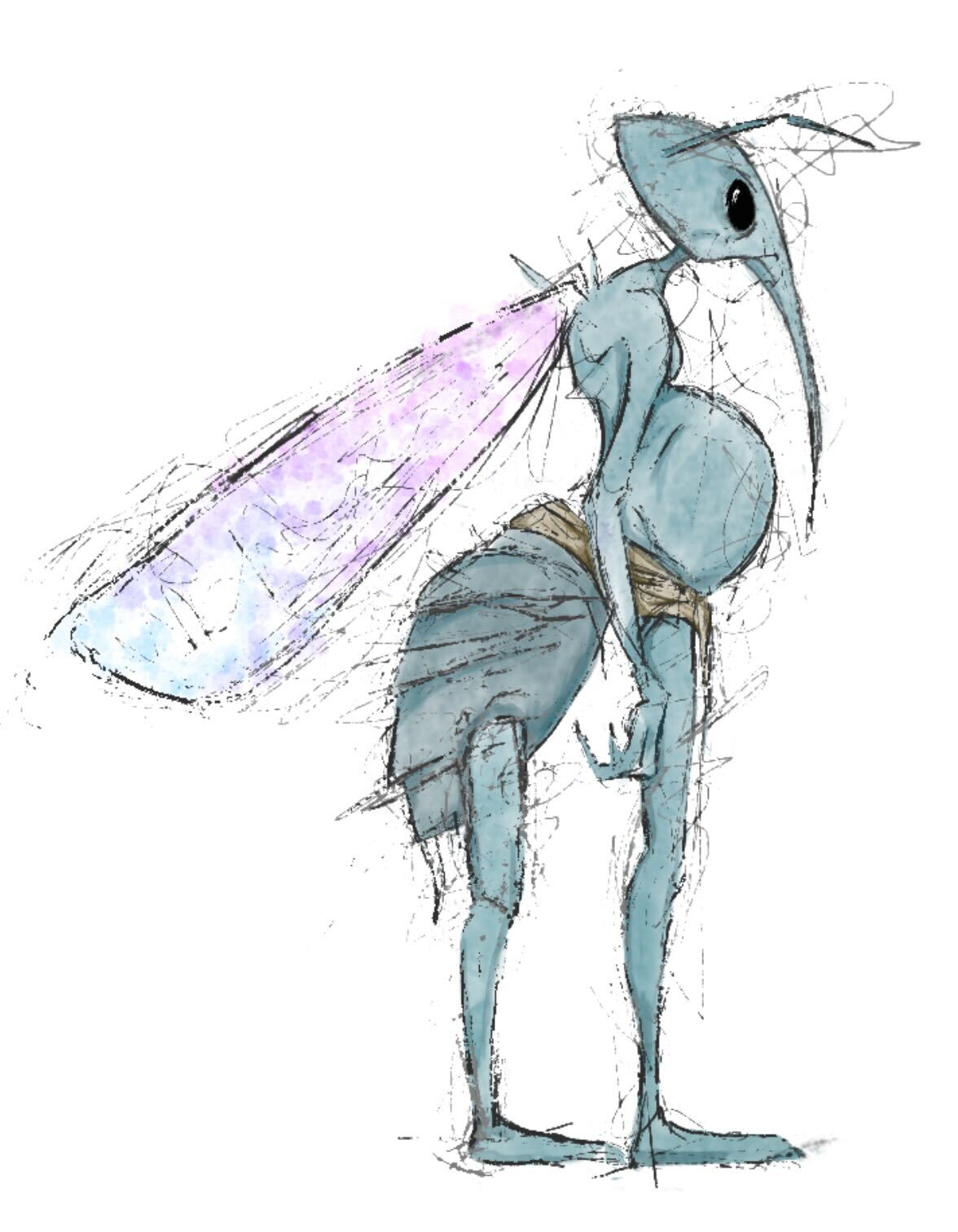 Concept art of an insect standing upright on its rear 4 legs.