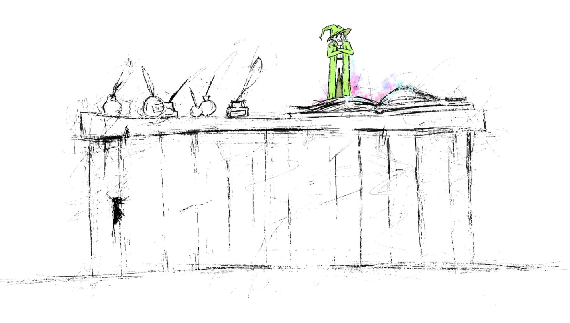 Concept art of wizard-like figure standing atop a desk beside ink
pots.