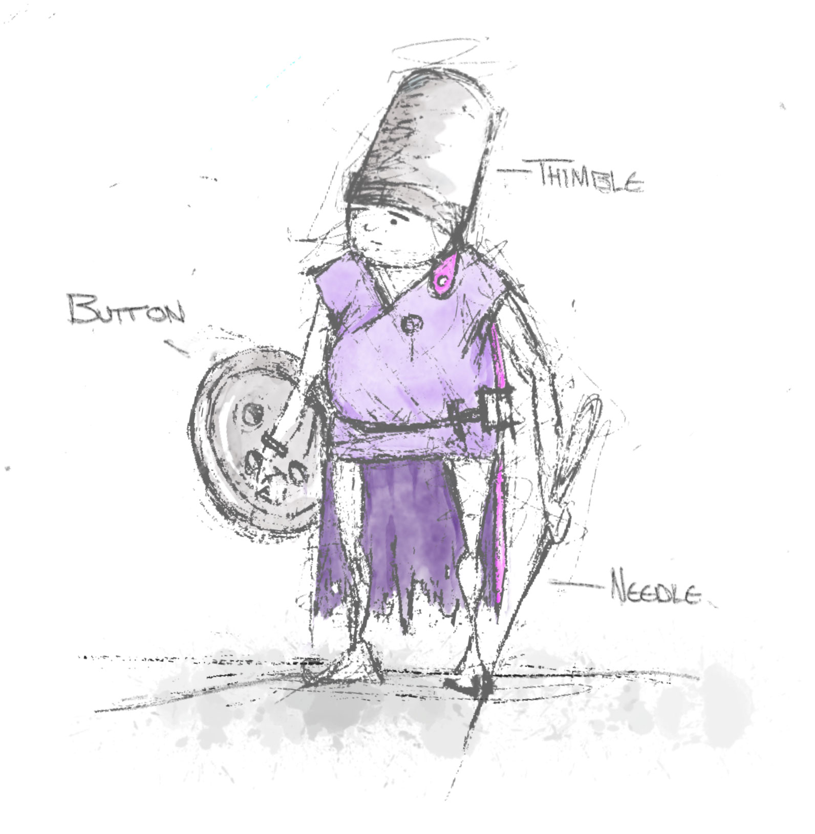 Concept art of warrior-kind figure, wearing a thimbal for a hat, holding a
needle for a sword and a button for a shield.